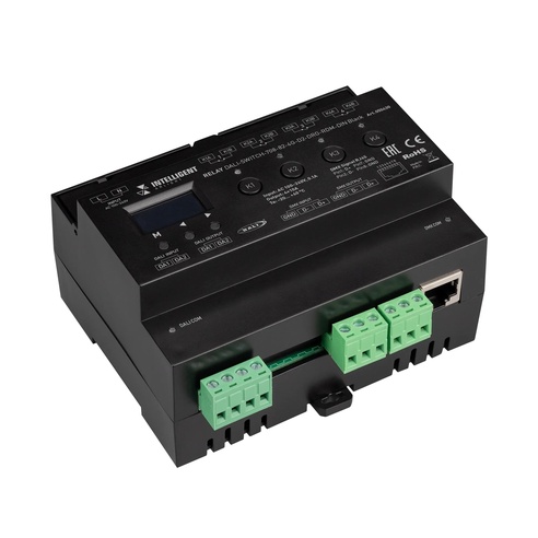 INTELLIGENT ARLIGHT Релейный модуль DALI-SWITCH-708-82-4G-D2-DRO-RDM-DIN Black (230V, 4x10A, DMX512) (IARL, IP20 Пластик, 5 лет)