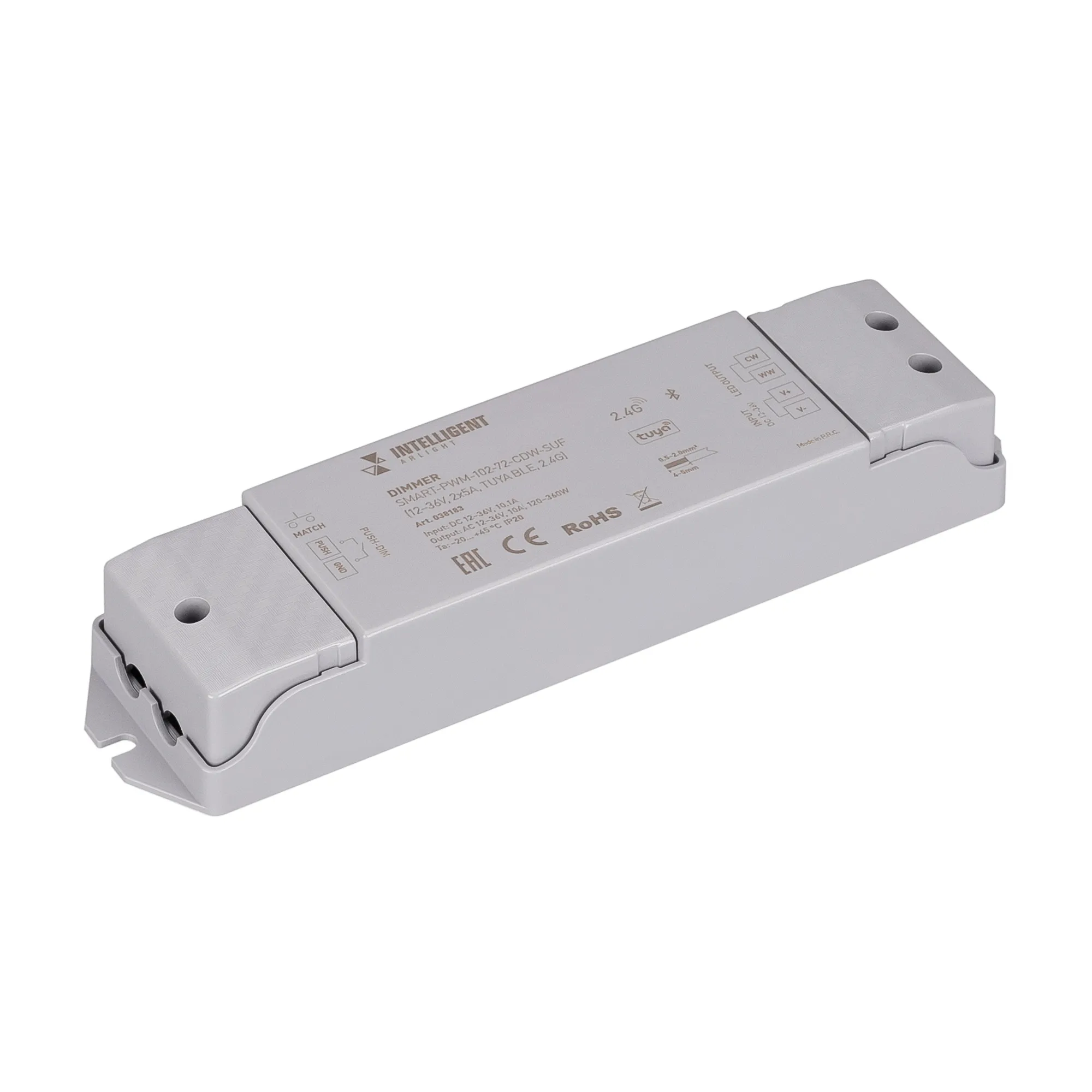 INTELLIGENT ARLIGHT Диммер SMART-PWM-102-72-CDW-SUF (12-36V, 2x5A, TUYA BLE, 2.4G) (IARL, IP20 Пластик, 5 лет) - изображение товара