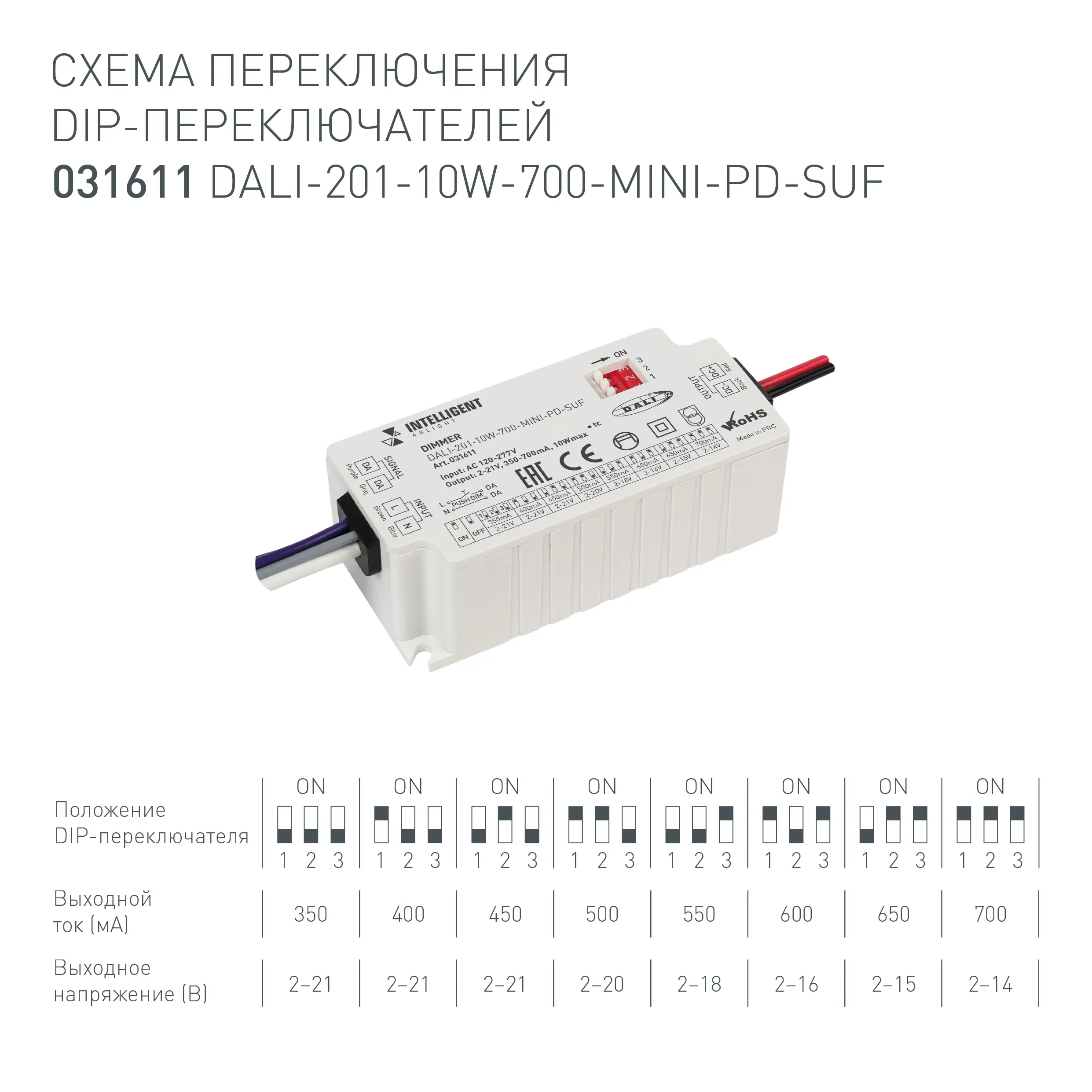 INTELLIGENT ARLIGHT Диммер DALI-201-10W-700-MINI-PD-SUF (230V, 350-700mА) (IARL, IP20 Пластик, 5 лет) - изображение товара