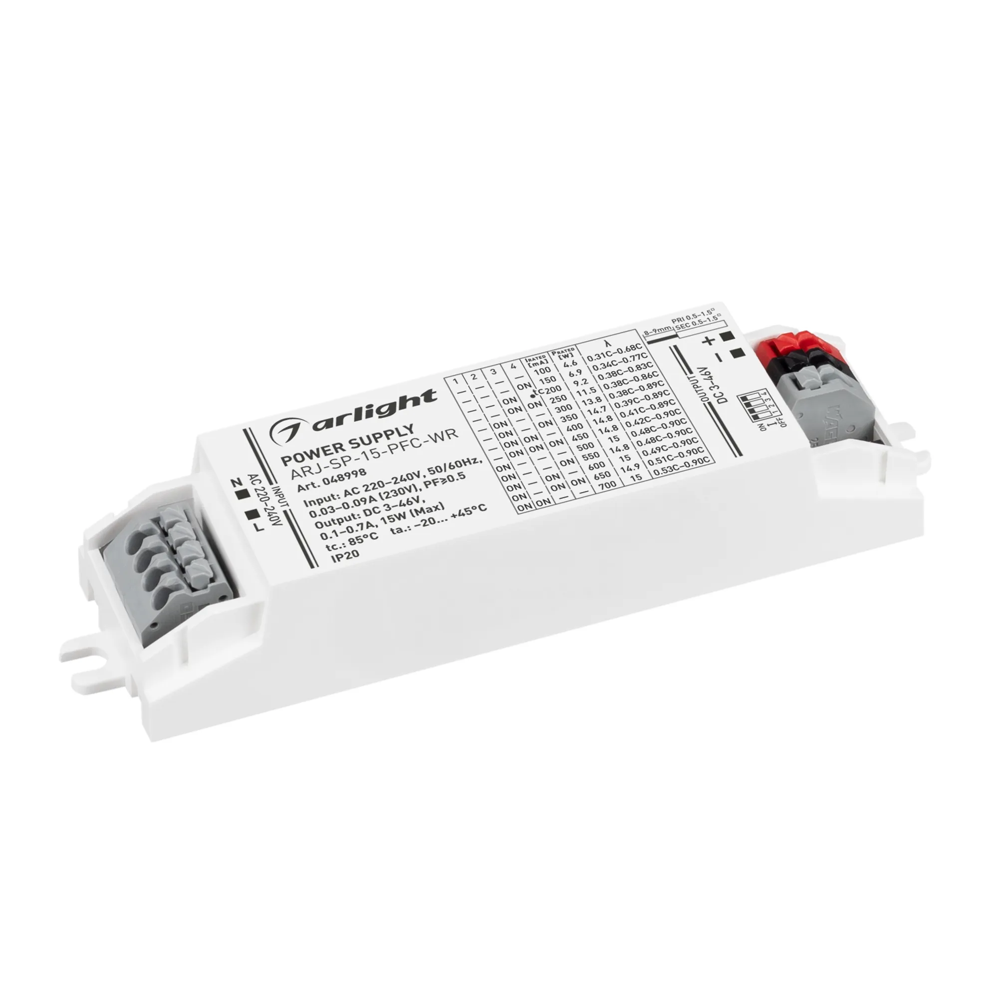Блок питания ARJ-SP-15-PFC-WR (15W, 3-46V, 0.1-0.7A) (Arlight, IP20 Пластик, 5 лет) - изображение товара